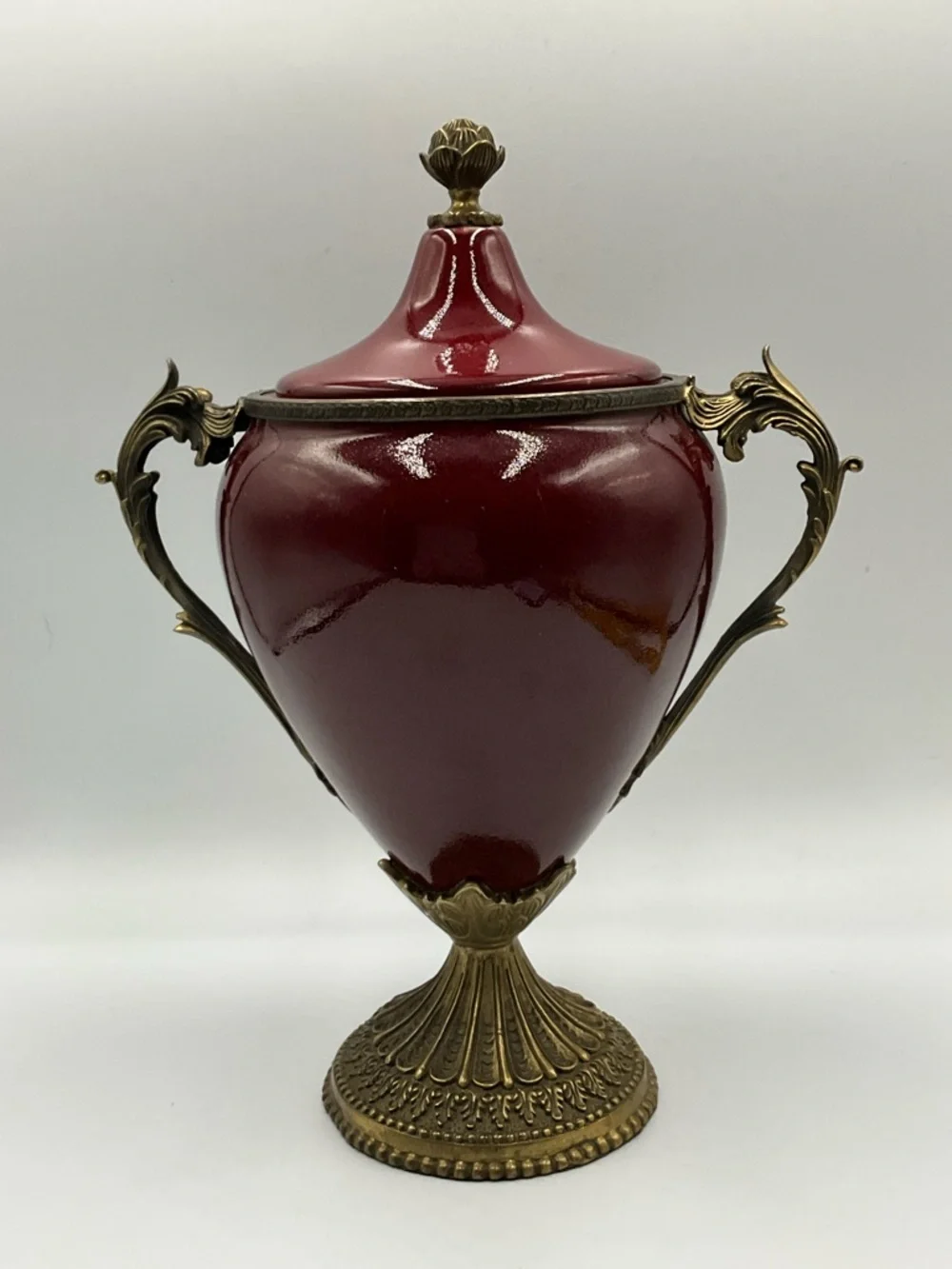 Urn Vintage Ornate Red Ceramic Urn with Brass Accents Rare